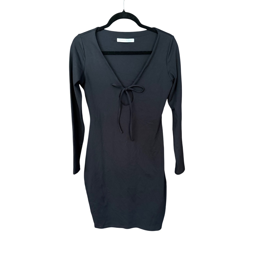Susana Monaco Womens Black V-Neck Tie Front Long Sleeve Mini Dress Size M